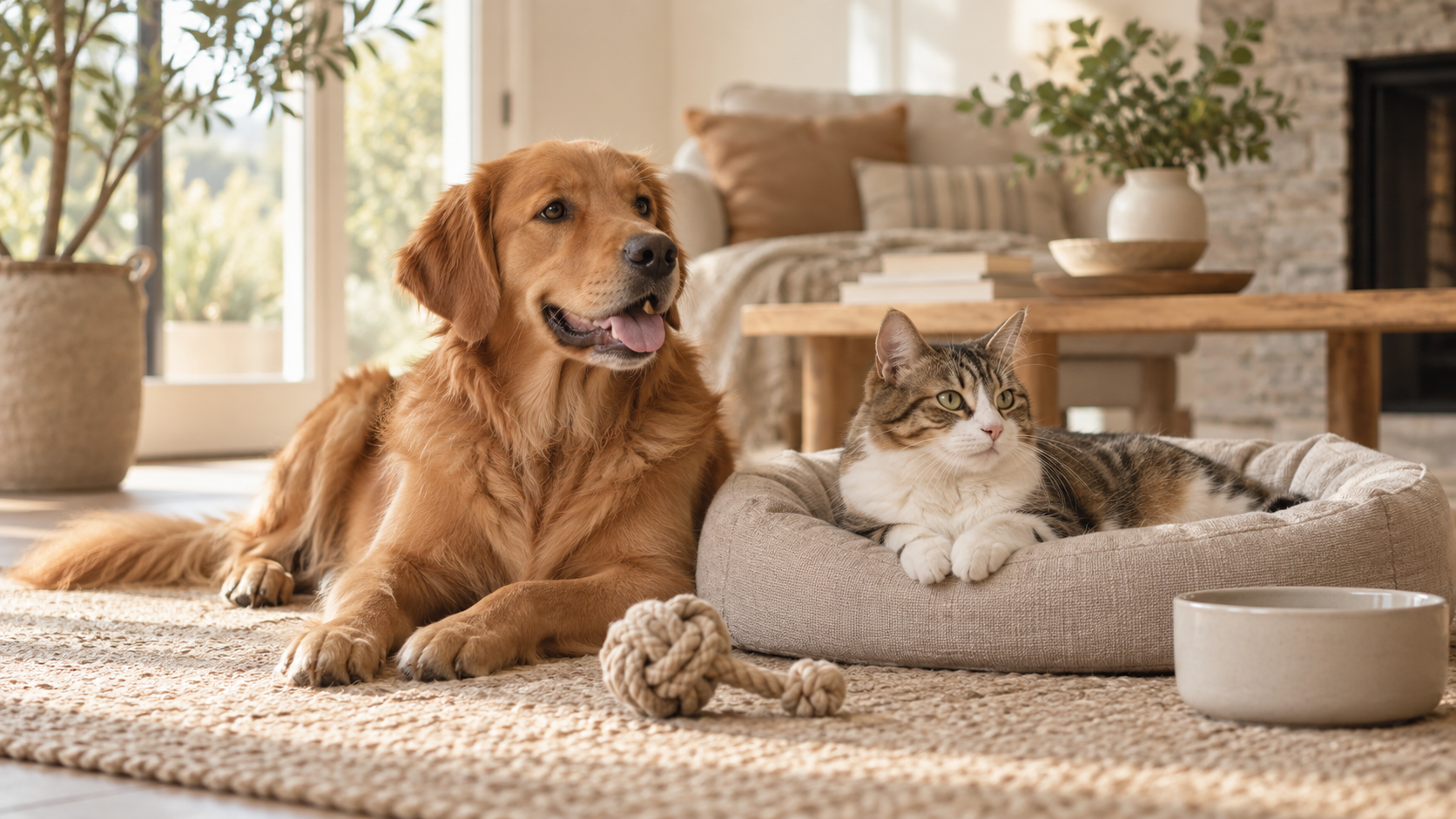 Un cane e un gatto accanto ad accessori per la vita quotidiana degli animali